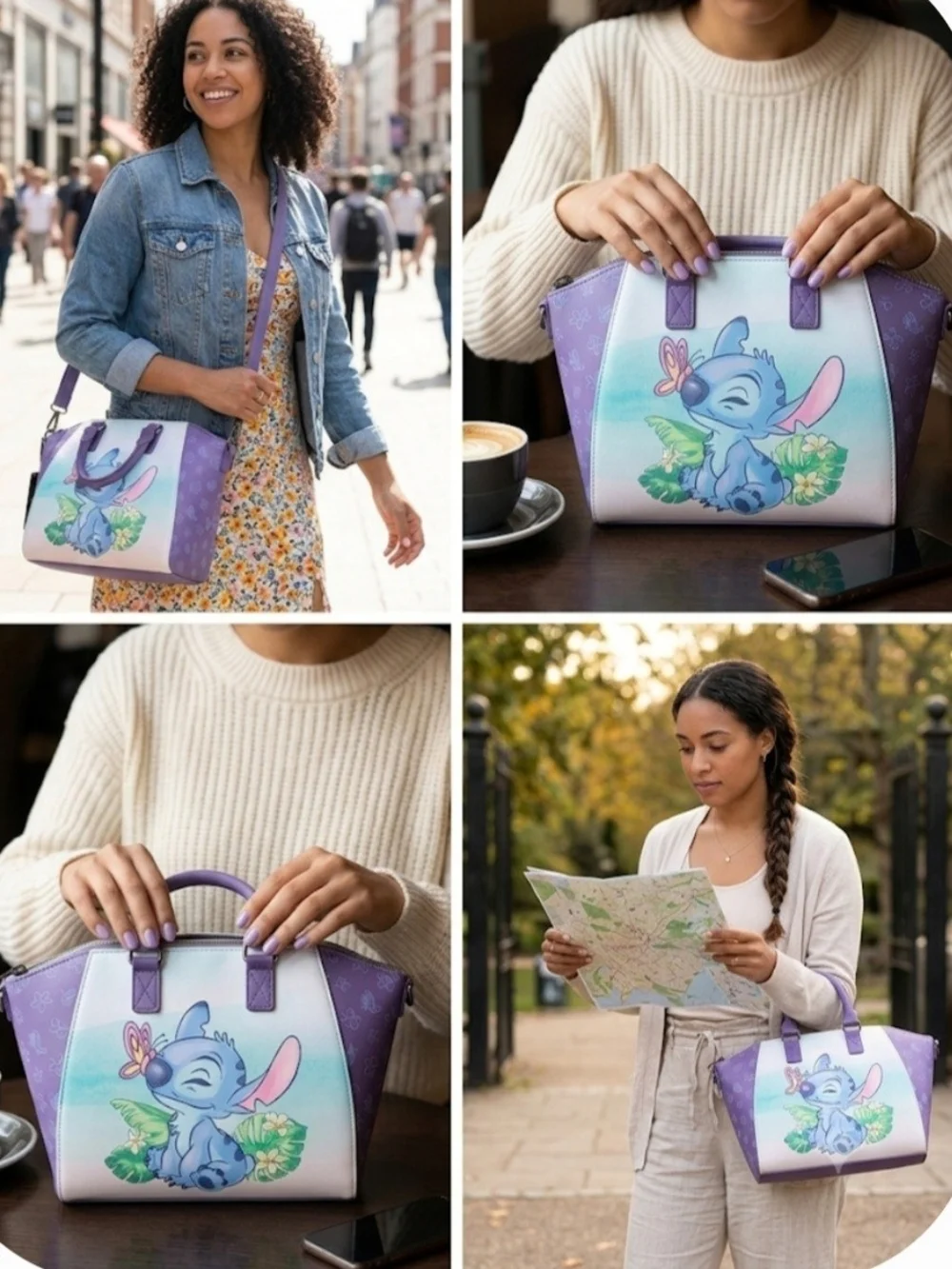 Disney Purple Stitch Floral Print Tote Bag with Pastel Front Art